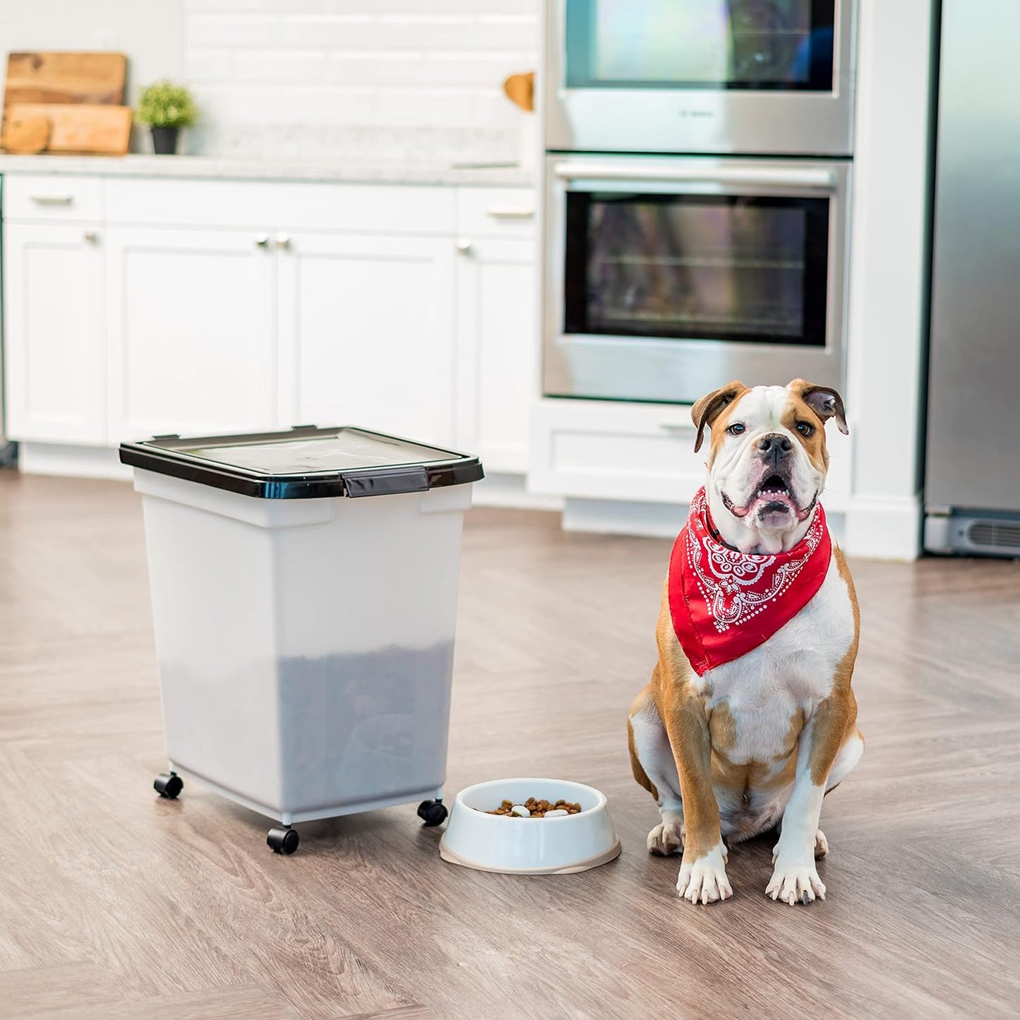 IRIS USA Airtight Dog Food Storage Container, WeatherPro, Up to 25 lbs, Removable Wheels, for Dog Cat Bird and Other Pet Food Storage Bin, Keep Fresh, Translucent Body, Made in USA, Clear/Black