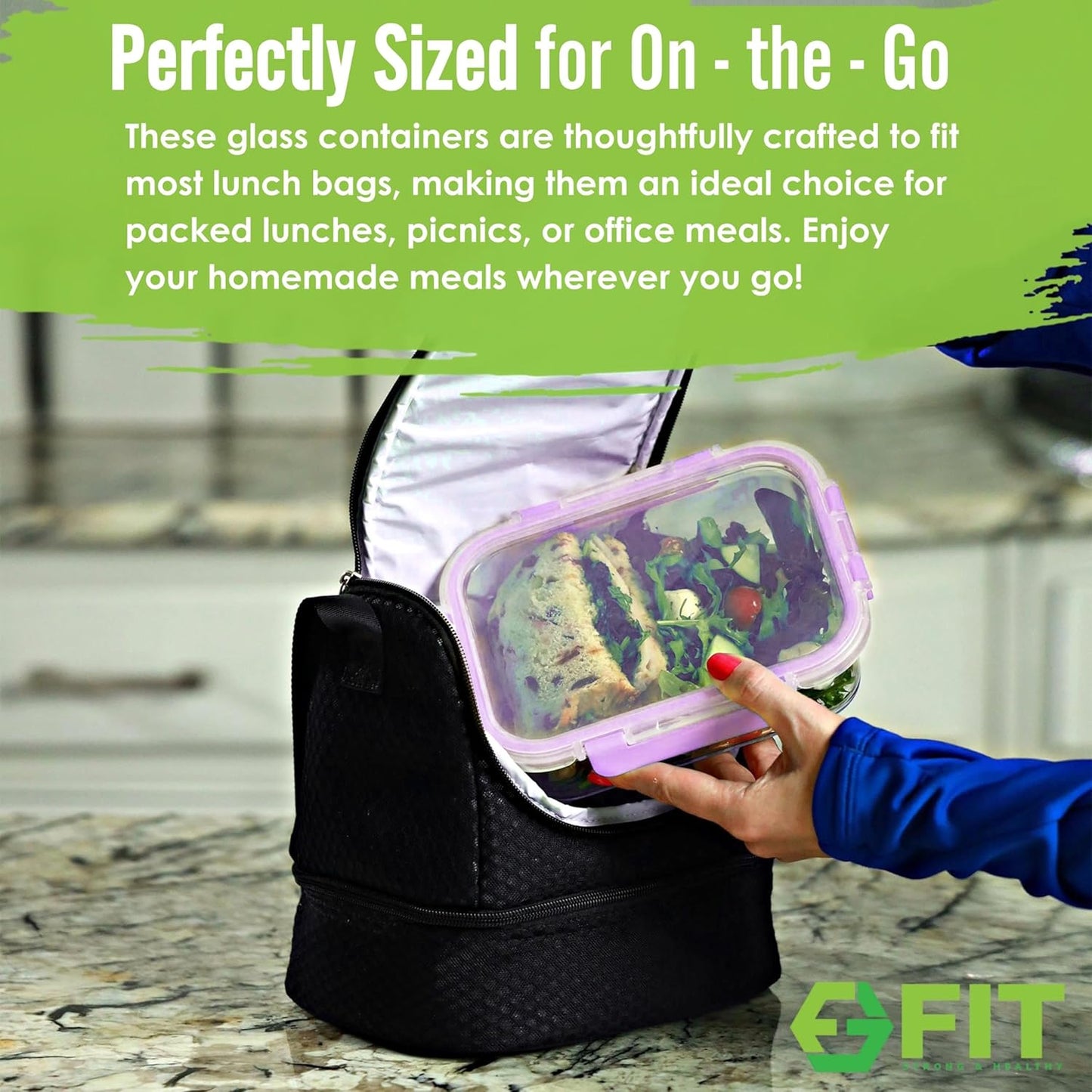 FIT Strong & Healthy 2 and 3 Compartment Glass Meal Prep Containers – Glass Bento Box for Adults, Portion Control, Food Storage, Lunch Container, Oven & Freezer Safe, Leak-Proof, 32 oz, Gray, 4 Pack