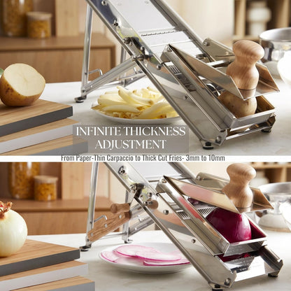 ICO by Bron Coucke Professional Mandoline Slicer by Tellier with Hand Guard – Heavy Duty Stainless Steel Mandoline Slicer – Adjustable Built-in Straight, Julienne, & Crinkle Blades – Crafted in France