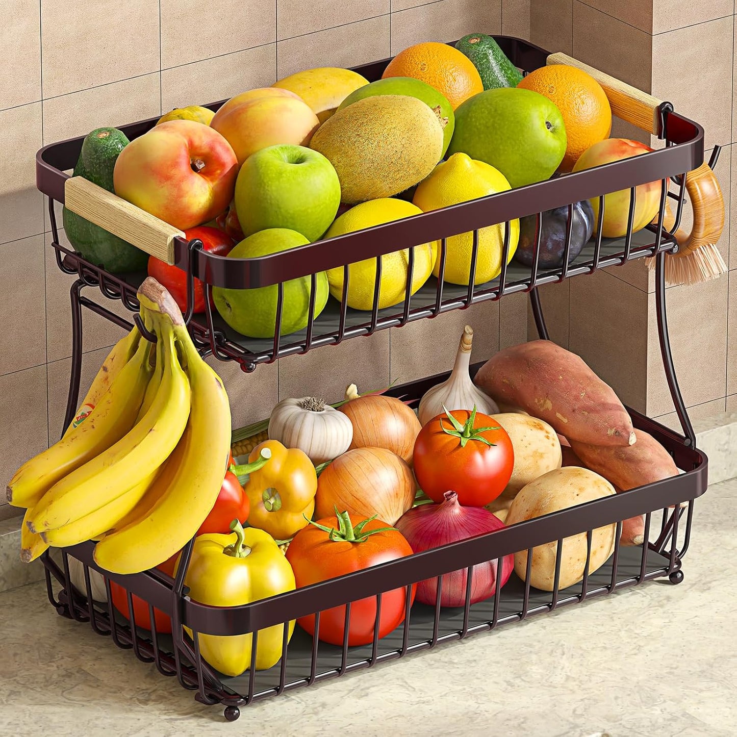Sevenblue 2 Tier Large Fruit Basket for Kitchen Counter with 2 Mobile Banana Hangers, 2026 Pro Detachable Metal Fruit Bowl with Wooden Handle, Fruit Holder for Bread Snack Veggies with Protective Mats
