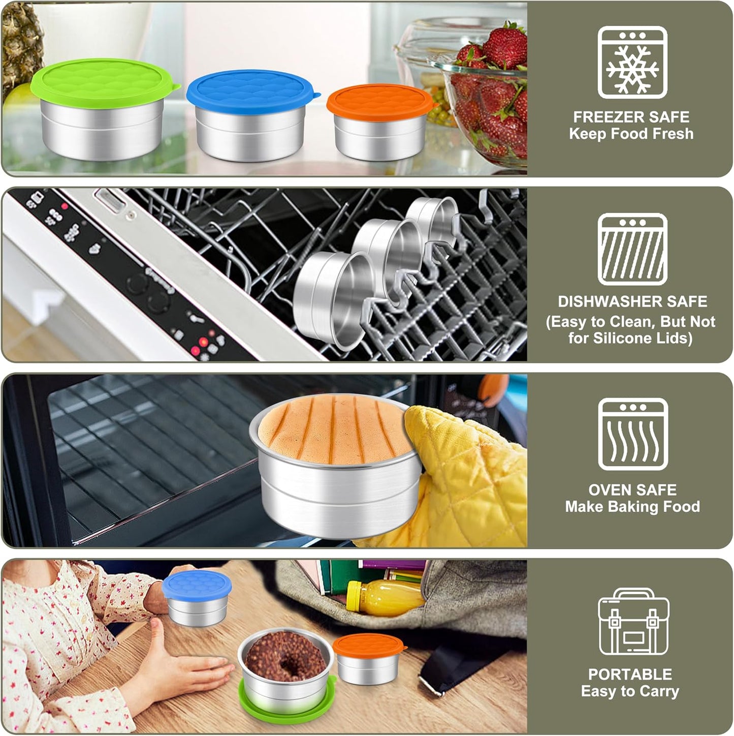 HaWare Stainless Steel Food Storage Containers with Silicone Lids, Leak-Proof Metal Snack Container, Round Lunch Box for Kids Adults, Stackable & Reusable Meal Prep Containers, Set of 3, Multicolor