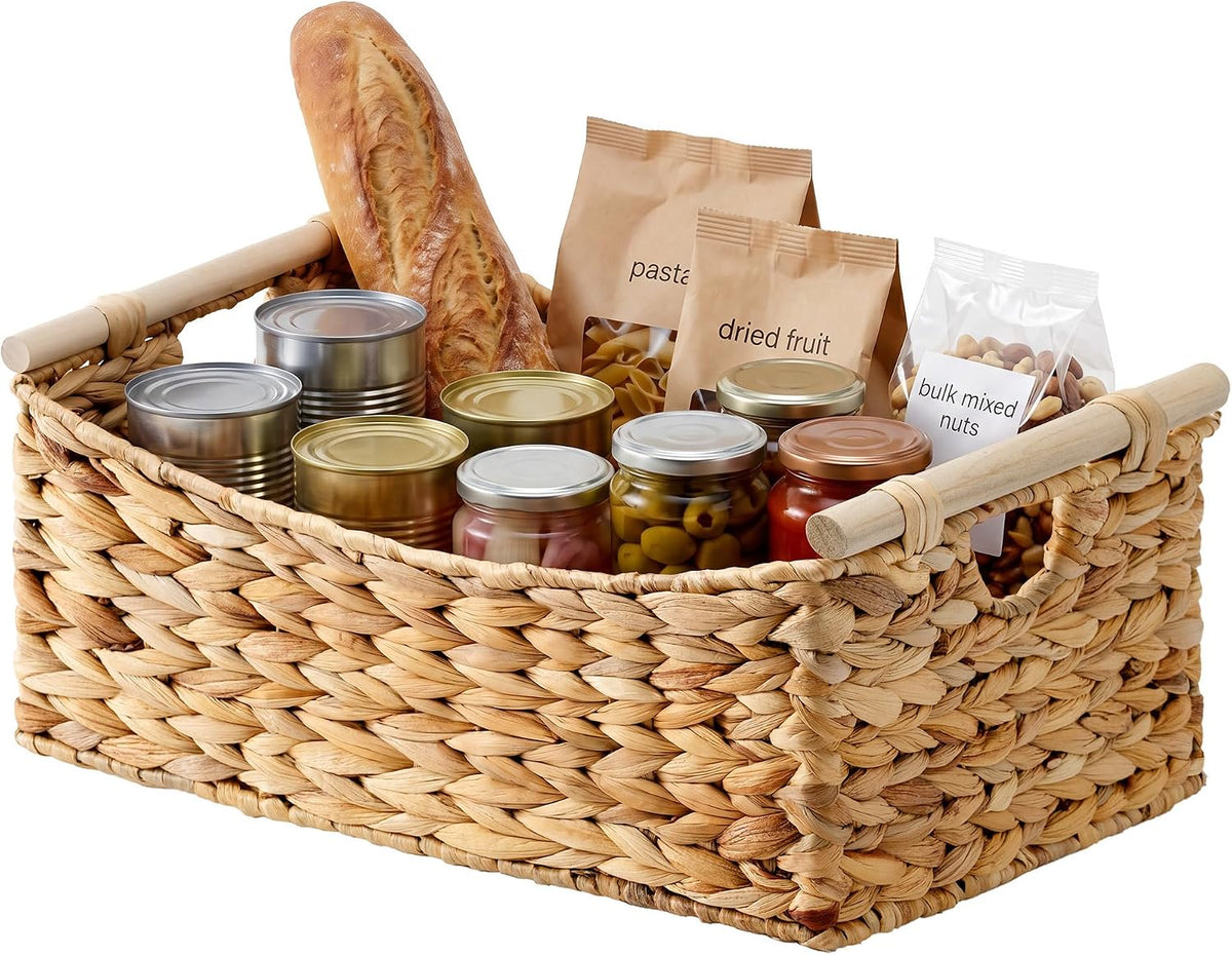 StorageWorks Wicker Baskets for Organizing, Water Hyacinth Storage Baskets with Handles, Woven Baskets for Pantry Storage, 13" x 8¼" x 7", 2-Pack