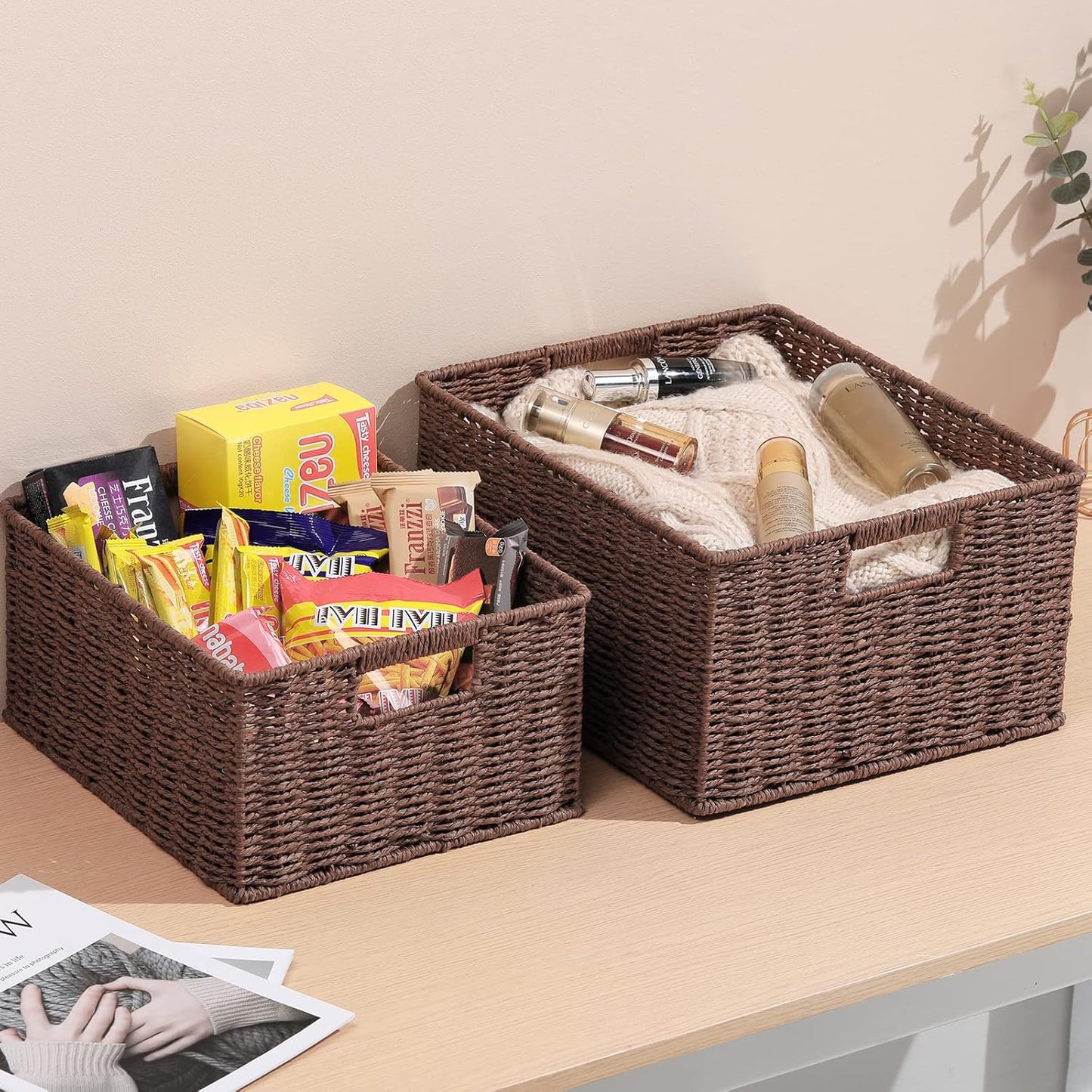 HOONEX Water Hyacinth Storage Baskets, Wicker Baskets for Storage, Hand Woven Baskets with Carry Handles, Set of 2, Natural