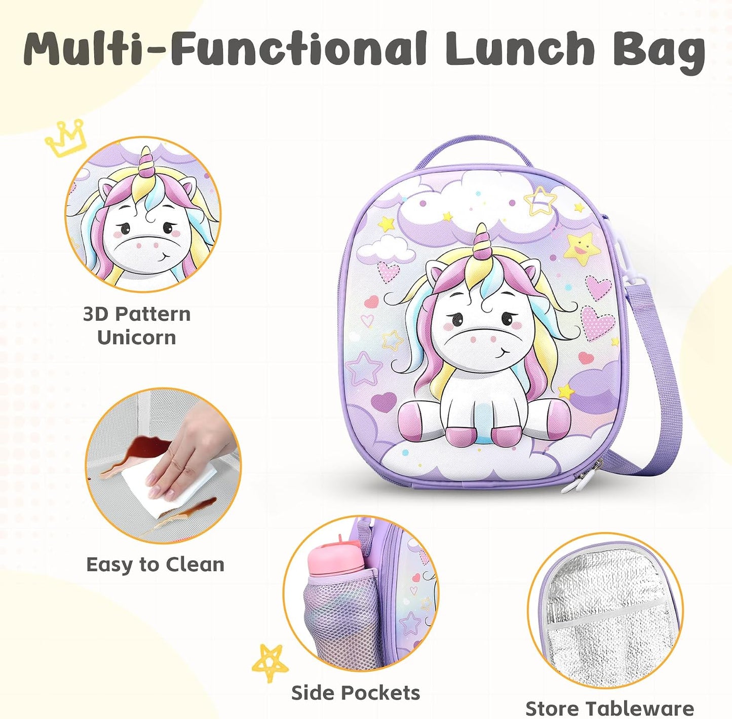 Reusable Insulated Lunch Bag for Kids Teens & Adults with Adjustable Shoulder Strap - Large Durable Lunch Bag Tote for School Travel Picnic Work - Leakproof Design Lunch Carrier (Black -3D Dinosaur)