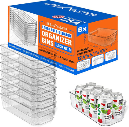 2-Piece Stackable Refrigerator Bin Organizer Set with Easy Grip Handles - Clear Multi-Purpose Storage Bins for Fridge and Pantry Use