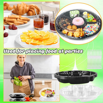 20 Pack Plastic Appetizer Trays with Lid Disposable Serving Platters with 100 Forks 6 Divided Round Plastic Tray for Veggie Fruit Snack Party and Buffet Catering Trays, 10 Inch, 2 Colors