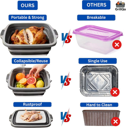 BBQ Prep Tub with 2 Pcs Meat Shredder Claws, 3-IN-1 Large 8L Collapsible Cutting Board with Lid for Meal Prep, Camping Sink for marinating food, Dish Basin, Grilling, Outdoor Cooking