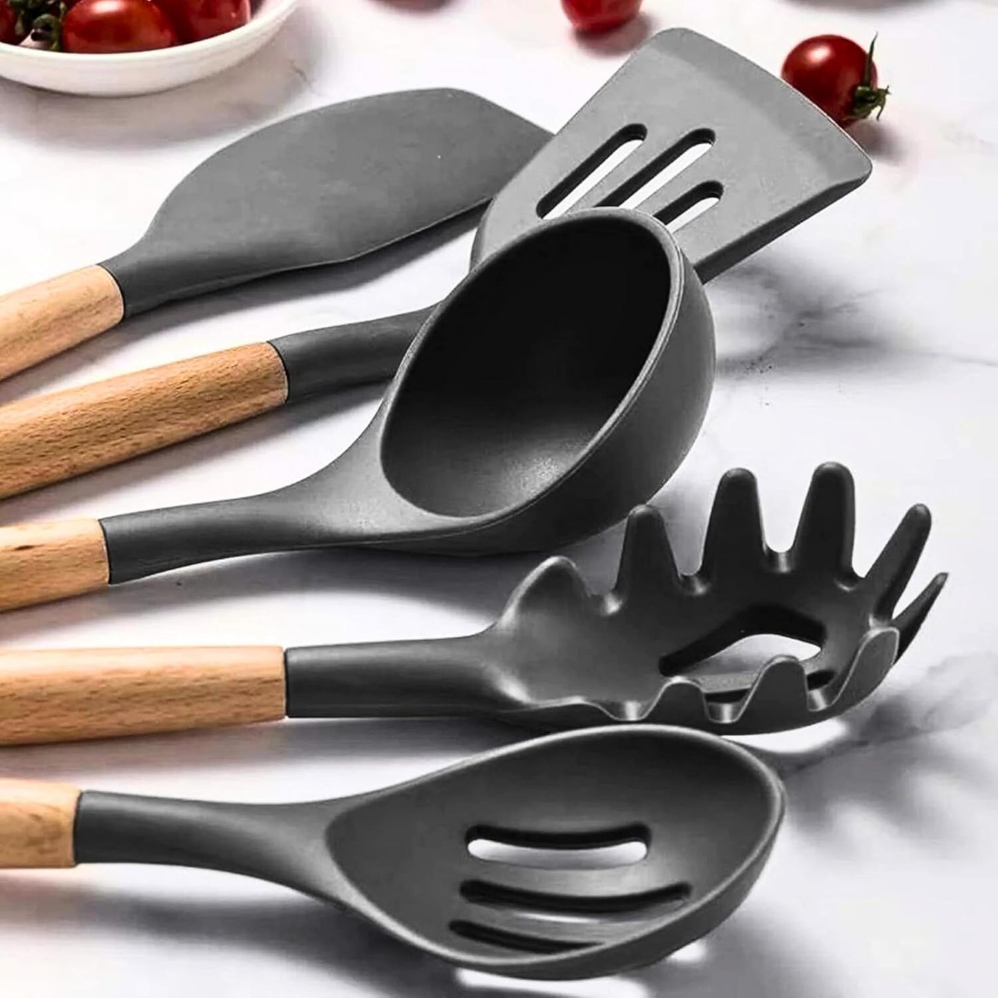 33-Piece Silicone Kitchen Utensil Set with Holder – Heat Resistant up to 446°F, Non-Stick Cooking Tools with Wooden Handles, Measuring Cups, Spatulas, Tongs, Whisk & More