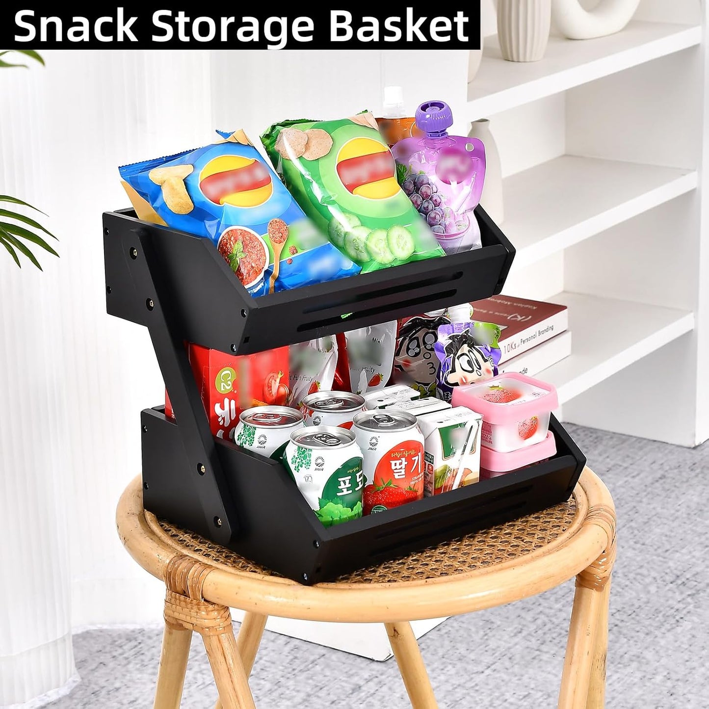 VIKEYHOME Fruit Basket, 2 Tier Bamboo Fruit Basket for Kitchen, 11" Tall Fruit Stand Storage Holder, Heavy Duty/Large Capacity for Vegetables, Fruit, and Snack, 15 mm Thickness (Self-assembly)