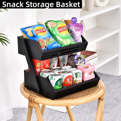 VIKEYHOME Fruit Basket, 2 Tier Bamboo Fruit Basket for Kitchen, 11" Tall Fruit Stand Storage Holder, Heavy Duty/Large Capacity for Vegetables, Fruit, and Snack, 15 mm Thickness (Self-assembly)