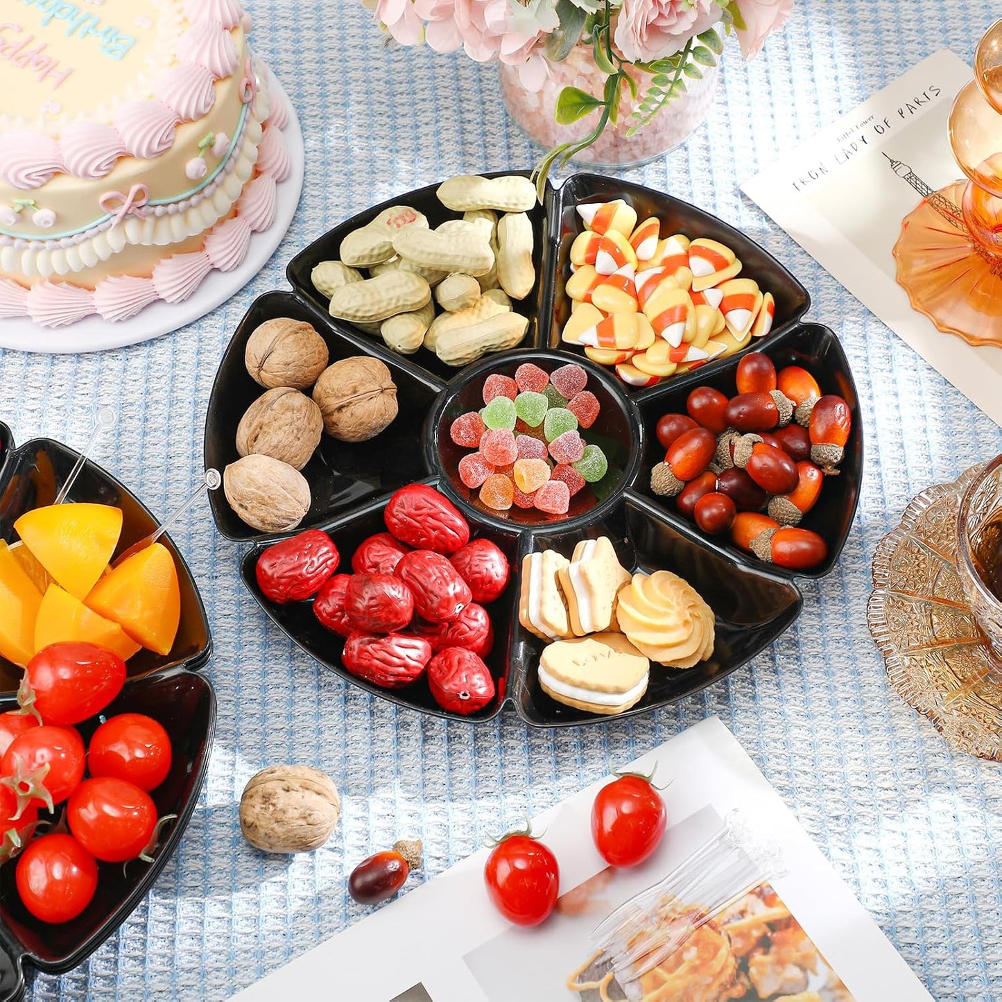 Zhehao 6 Pcs Plastic Divided Serving Trays with 60 Pcs Disposable Fork, 7 Compartments Round Chip Dip Plate, Petal Shape Platter, 10.6'' Snacks Serving Dish for Party Candy Nuts Fruits (Vibrant Color)