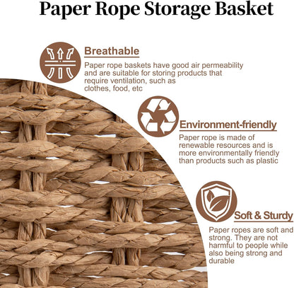 OIAHOMY Pantry Baskets for Organizing, Paper Rope Baskets with Built-in Handles, Wicker Storage Bins for Shelves, 2 Pack-Yellow