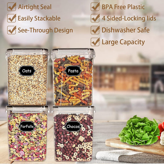 Wildone Large Food Storage Containers 5.2L /175oz, 4 Piece BPA Free Plastic Airtight Food Storage Containers for Flour, Sugar, Baking Supplies, Kitchen & Pantry Containers with 20 Labels
