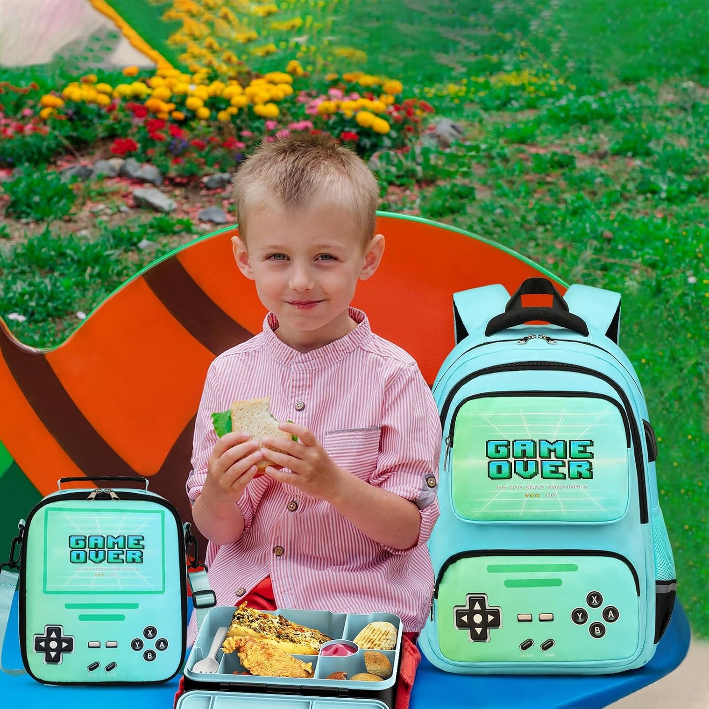 ACESAK Game luminous Boys Backpack - Bento Box with Insulated Lunch Bag Pencil Case, Utensils Set for Kids, 6 Leakproof Compartments Removable Tray Lunches or Snack Container (Blue)