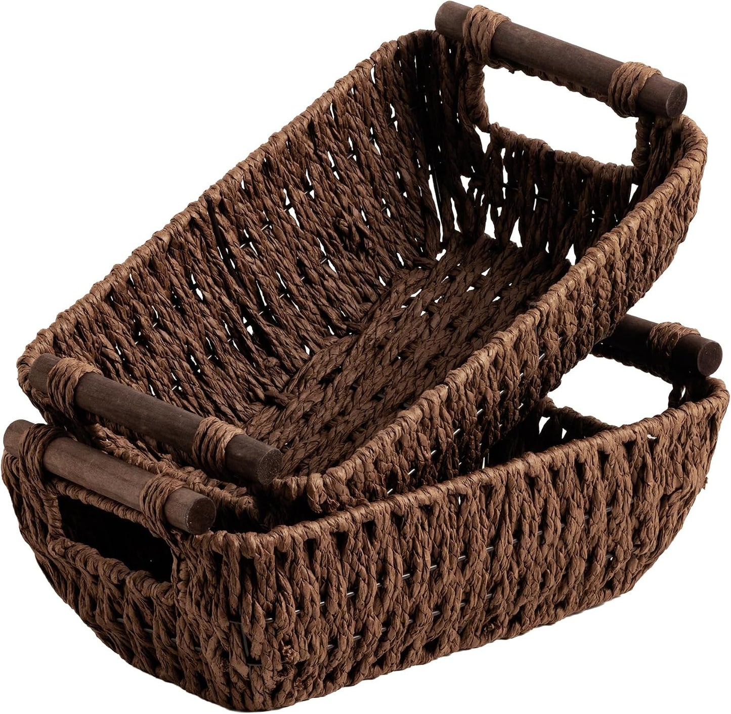 StorageWorks Hand-Woven Storage Baskets with Wooden Handles, Water Hyacinth Wicker Baskets for Organizing, 2 Pack