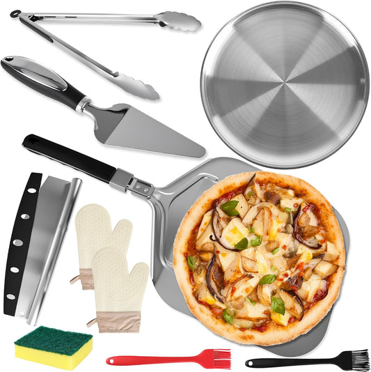 Pizza Peel Set Pizza Oven Accessories 11 Pcs Spatula Accessories Kit Include Cutter Stainless Steel Paddle Tongs Cheese Server Silicone Gloves Basting Brushes and Cleaning Sponge Set for Kitchen