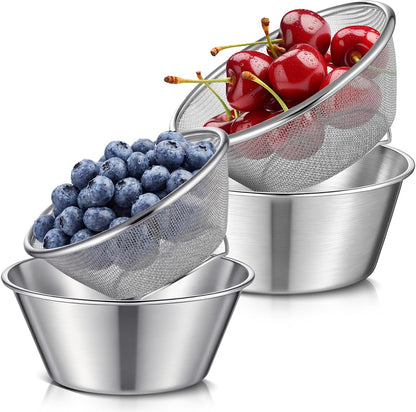 Baderke 2 Pcs Mini Colander & Food Strainer 304 Stainless Steel Small Mixing Colanders Bowl Rice Strainer for Kitchen Cooking Fruit Washing Vegetable(5.51 x 2.36 Inches,Silvery)