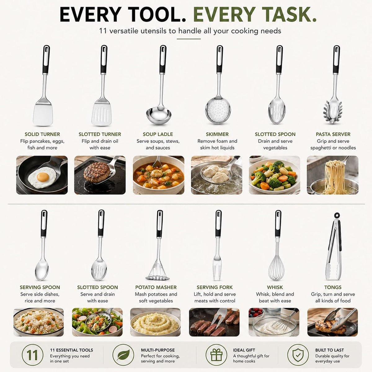 Stainless Steel Cooking Spoon Set, Serving,Slotted & Ladle