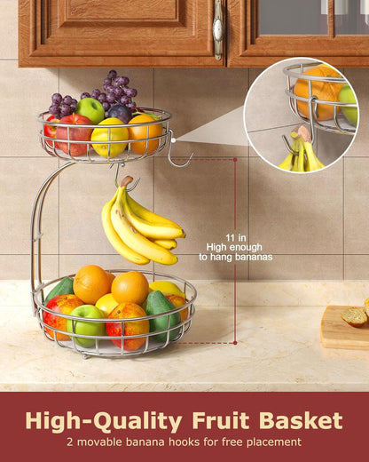 Sevenblue 2 Tier Large Fruit Basket for Kitchen Counter with Removable Banana Hanger - Sturdy Iron Fruit Bowl for Kitchen Counter and Vegetable Holder, Fruit Holder for Home Decor, Black
