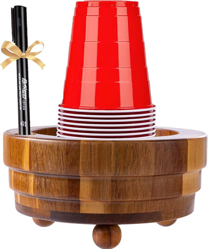 Acacia Wood Cup Holder with Marker Slot, Paper Cup Storage Box Mark Your Cup and Drink Up, Rustic Disposable Cup Dispenser for Party Bar Kitchen Bathroom