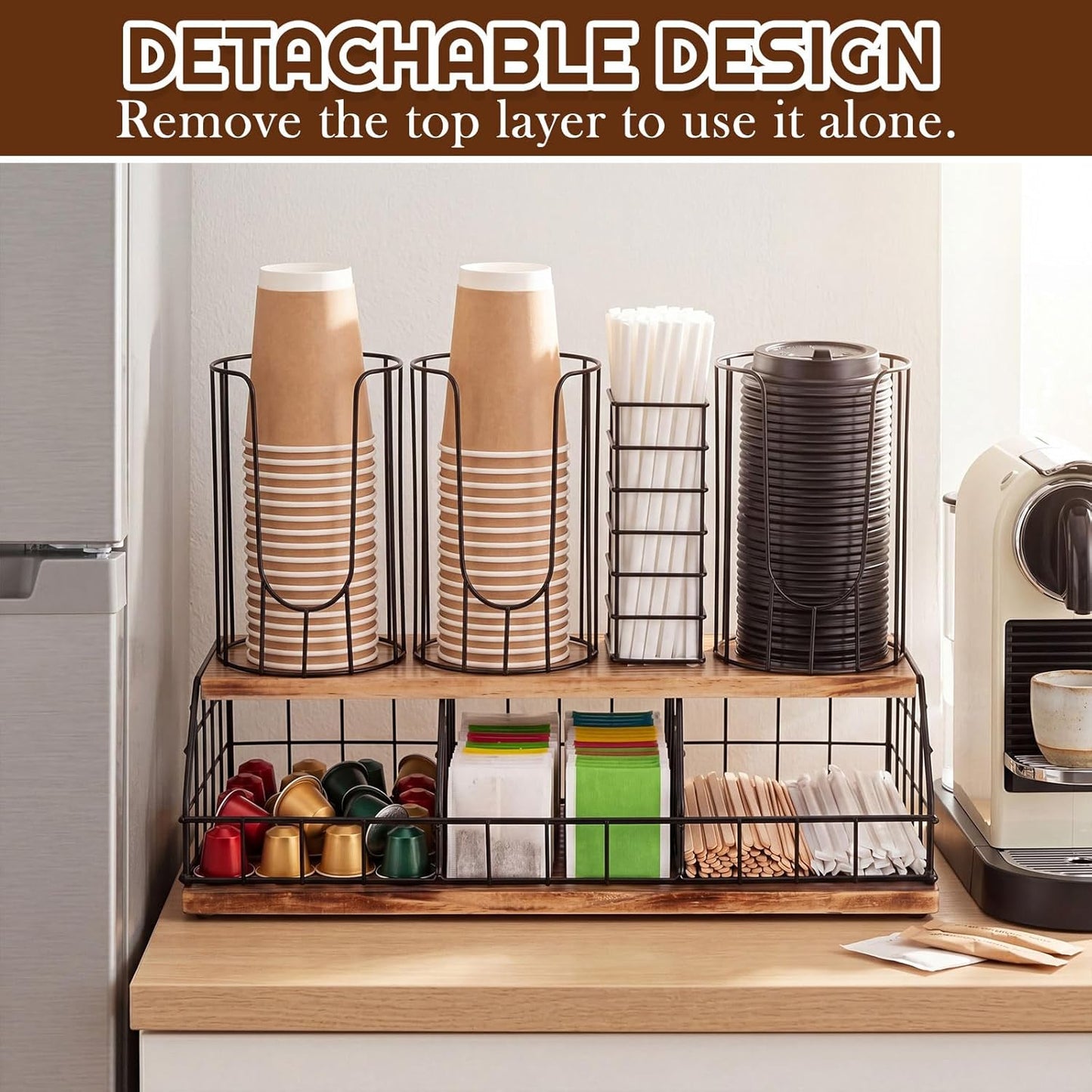 Geelin 18oz Adjustable Coffee Cup Dispenser with Wooden Base, Cup and Lid Holder, Cups Holder Organizer for Coffee Pod Straw and Lid Storage(2-compartment Single,Color 2)