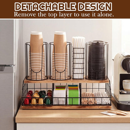 Geelin 18oz Adjustable Coffee Cup Dispenser with Wooden Base, Cup and Lid Holder, Cups Holder Organizer for Coffee Pod Straw and Lid Storage(2-compartment Single,Color 2)