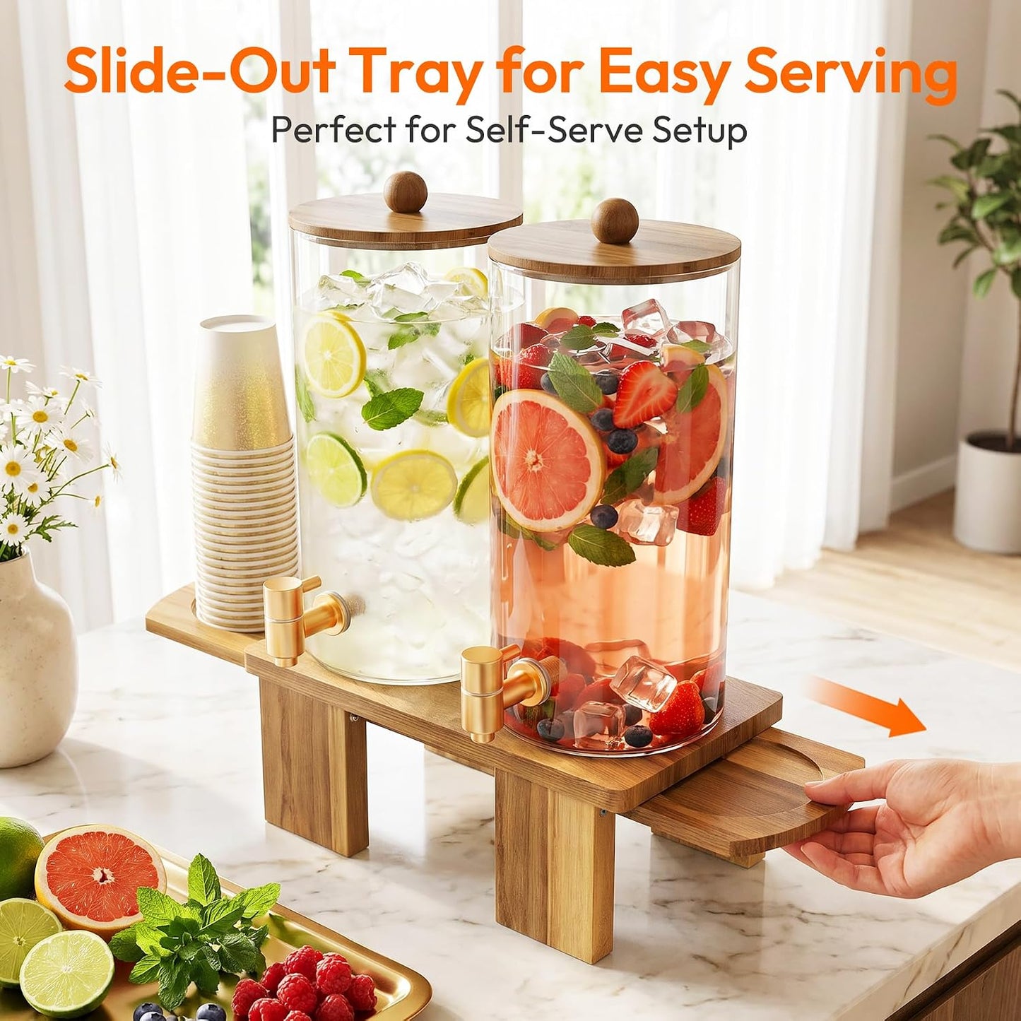 1.5 Gallon Drink Dispenser for Parties (2 Pack) - Glass Beverage Dispenser with Wood Stand, Stainless Steel Spigot & Coasters, Large Beverage Container for Hosting, BBQ, Lemonade, Juice & Iced Tea