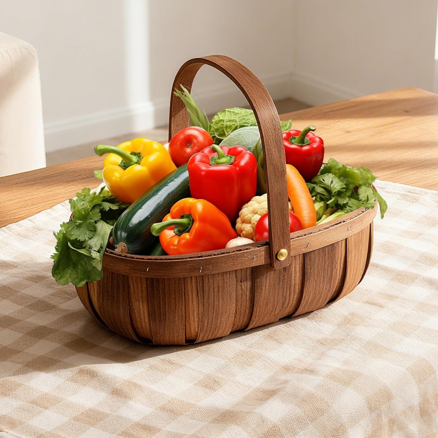 3 Pack Wooden Bread Baskets, Handmade Woven Wood Chip Picnic Basket with Handles, Storage Organizer for Vegetable Fruit Wedding - 3 Size