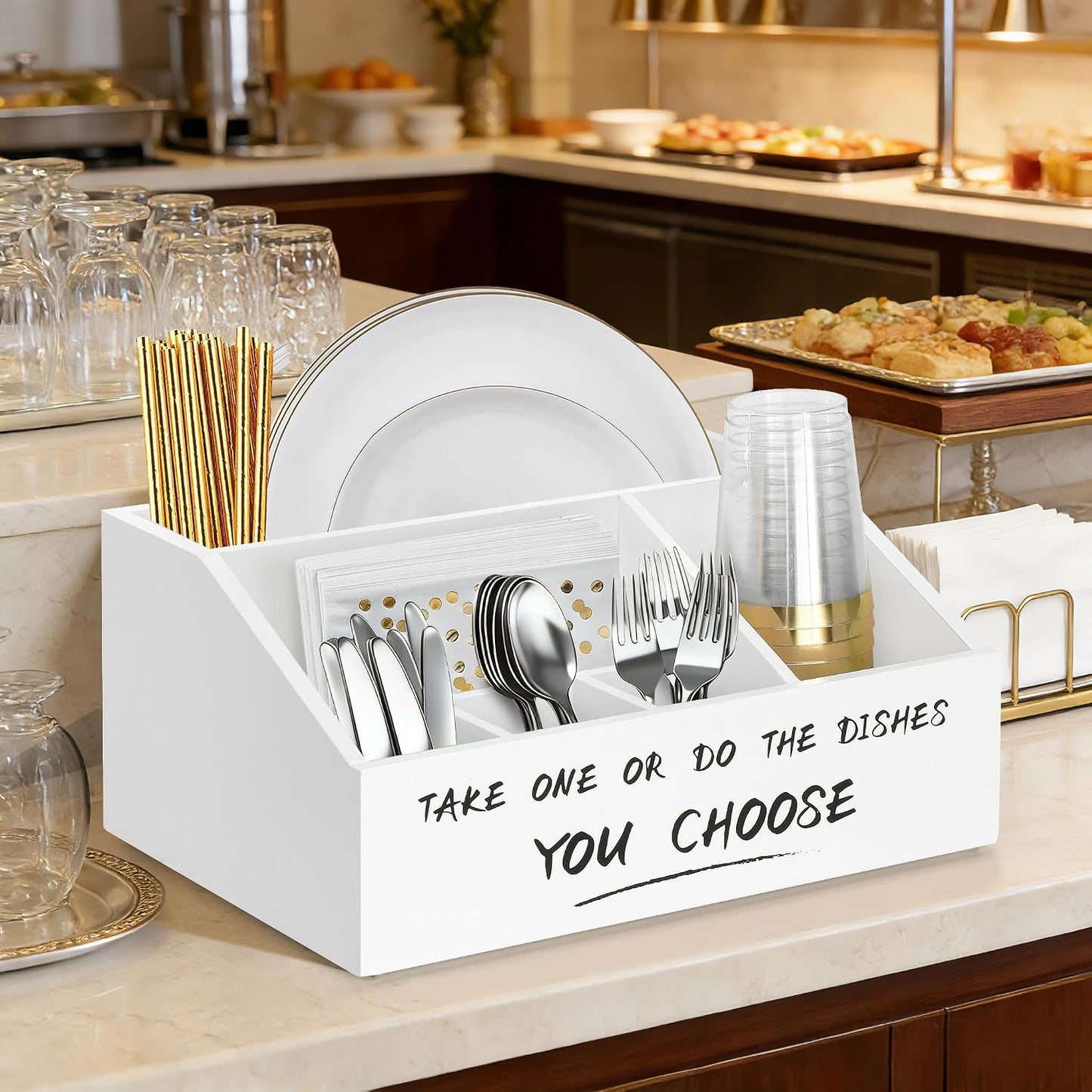 Ameuphercy Wood Paper Plate Holders for Kitchen Counter,Paper Plate Dispenser for Countertop, Rustic Silverware Utensil Caddy for Party,Wooden Plate Organizer Box for Cups Spoons and Forks