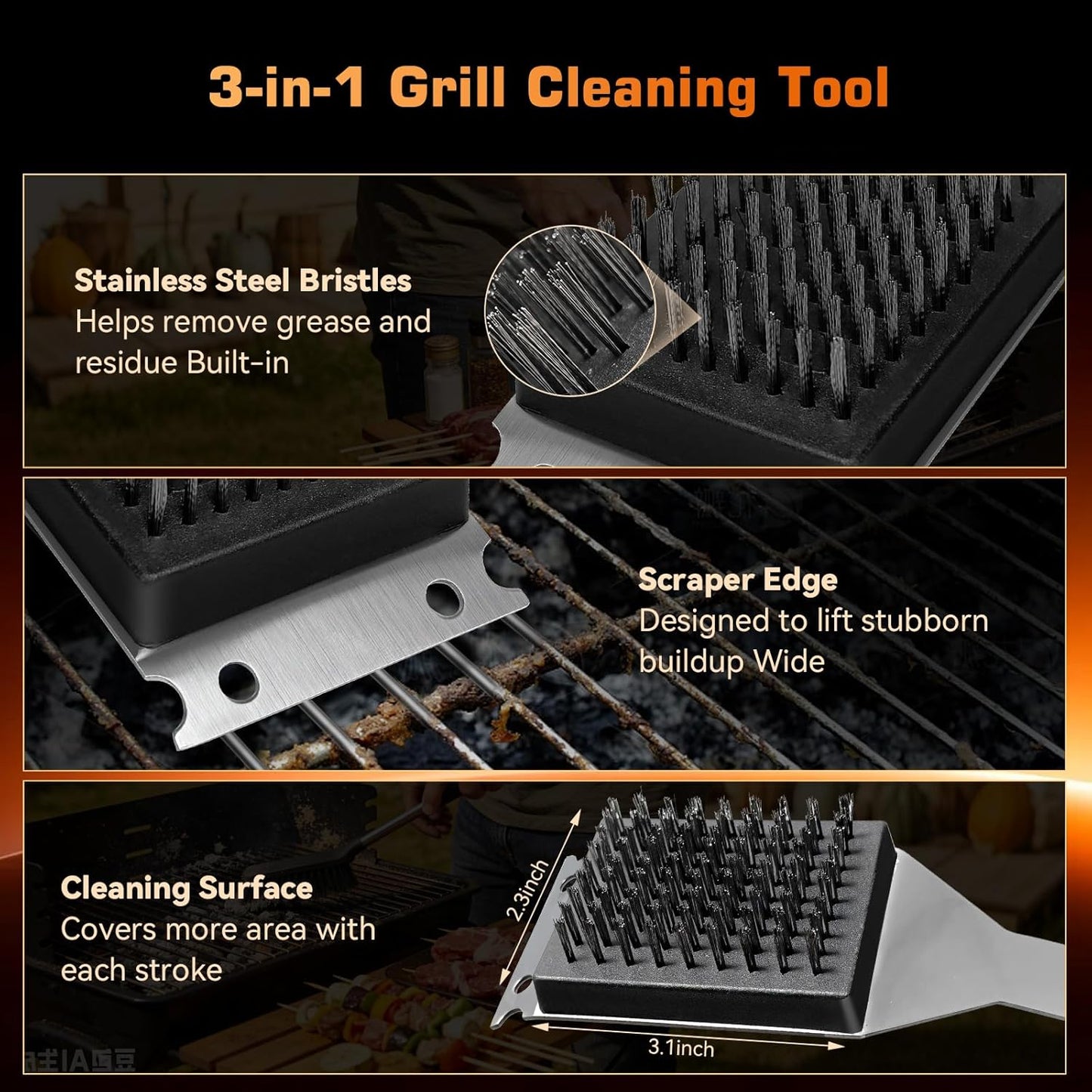 BBQ Grill Brush and Scraper, Heavy Duty Grill Cleaner with Stainless Steel Handle, Replacement Brush Head Included, Grill Cleaning Brush for Gas, Charcoal & Smoker Grill Grates （15 inch）