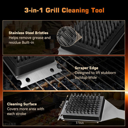 BBQ Grill Brush and Scraper, Heavy Duty Grill Cleaner with Stainless Steel Handle, Replacement Brush Head Included, Grill Cleaning Brush for Gas, Charcoal & Smoker Grill Grates （15 inch）