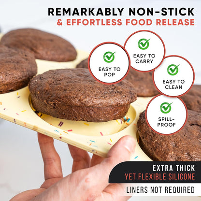 2-Pack Silicone Muffin Pan Set – Regular 12 Cup & Mini 24-Cup Silicone Muffin Pans for Baking – Nonstick Silicone Cupcake Pan with Metal-Reinforced Handles – BPA-Free, Dishwasher-Safe, Cream