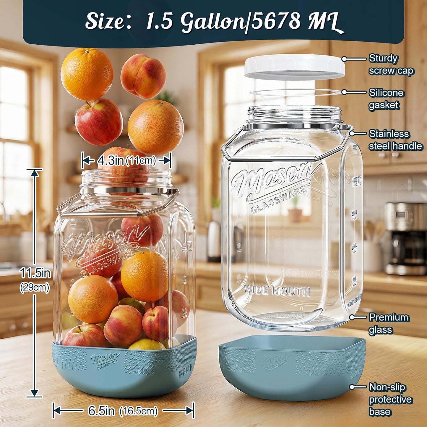 2 Pack 1.5 Gallon Large Glass Jar with Airtight Lid, Wide Mouth Glass Flour Sugar Storage Containers with Scale Marks for Pantry Organizers, Glass Canisters with Heavy-duty Handles & Non-slip Bases