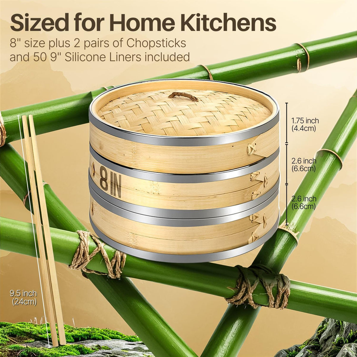 Flexzion Bamboo Steamer Basket Set (8 inch), 50 x Steamer Liners and 2 Pairs of Chopsticks, Steam Baskets for DimSum Dumplings, Rice, Vegetables, Fish and Meat