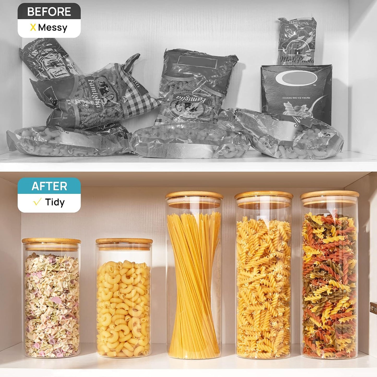 Vtopmart Glass Food Storage Jars, 7 Pack Kitchen Containers with Airtight Bamboo Wooden Lids for Pasta, Cookies, Nuts, Coffee Beans, Cereal, Canisters Set for Flour, Pantry Organization, BPA Free