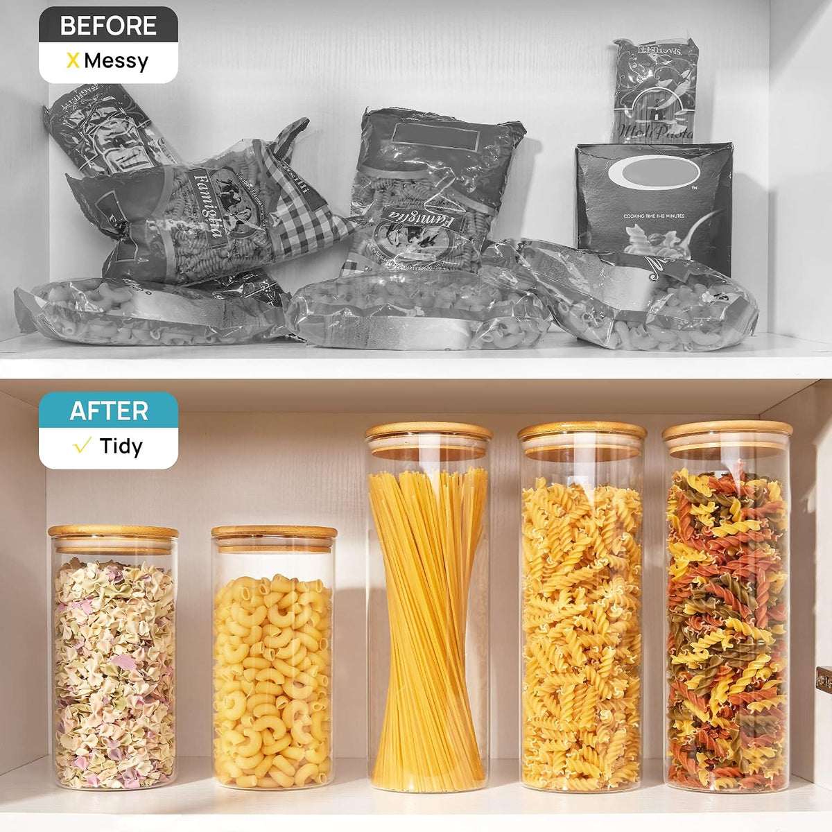 Vtopmart Glass Food Storage Jars, 7 Pack Kitchen Containers with Airtight Bamboo Wooden Lids for Pasta, Cookies, Nuts, Coffee Beans, Cereal, Canisters Set for Flour, Pantry Organization, BPA Free