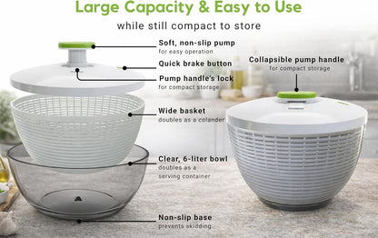 Brieftons 6.2-Quart Large Salad Spinner: Vegetable Washer Dryer Drainer Strainer with Bowl & Colander, Easy One-Handed Pump, Compact Storage, for Washing, Cleaning & Drying Greens, Vegetables, Fruits