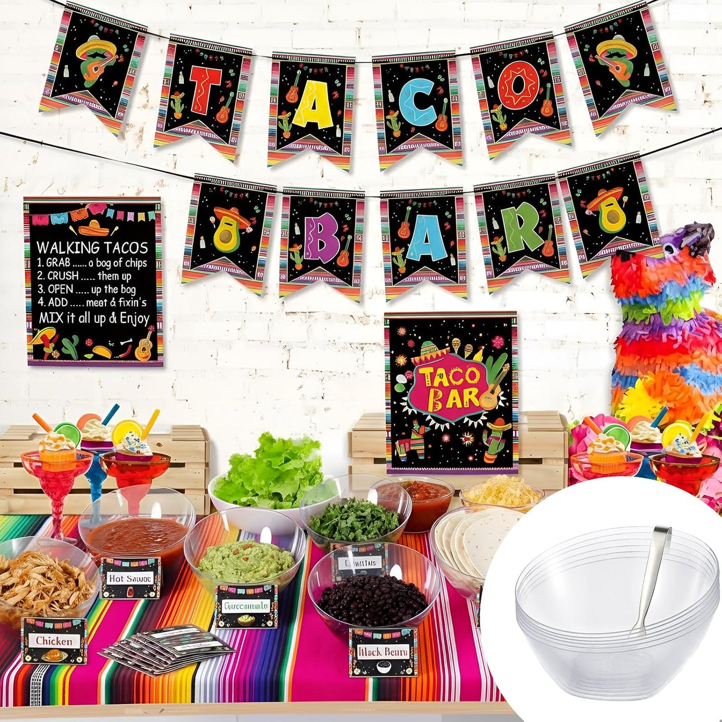 FoldTier 36 Pcs Taco Tuesday Bar Kit Mexican Taco Party Decorations with 6 Pack 20 oz Angled Plastic Bowls Buffet Serving Tongs Pepper Banner Sign Tents for Cinco De Mayo Mexican Theme Party Supplies