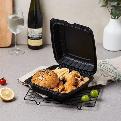 8X8 3-Compartment 50-Pack Plastic Clamshell Takeout Food Trays Heavy Duty Togo Disposable Box Carryout Meal Prep Packaging Catering Hinged Containers With Secure Snap Lid (Formerly FULING)