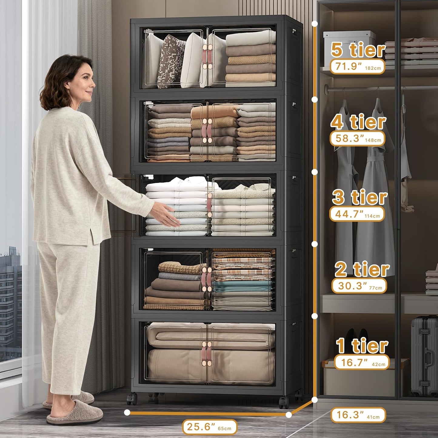 UAMFURI 720QT Stackable Storage Bins with Lids, Extra Large Storage Cabinet with Doors and Wheels, Collapsible Plastic Storage Box for Bedroom Dorm Office Garage