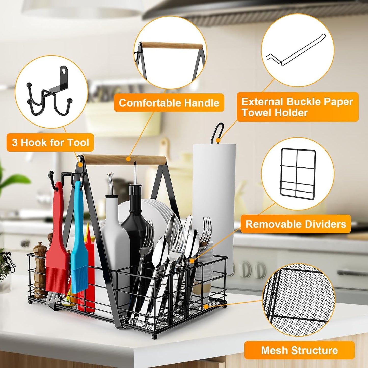 JBBTOOL Grill Caddy with 2 Paper Towel Holders, BBQ Caddy for Outdoor Grill, Picnic Condiment Utensil Caddy, Camping Essentials, RV, Tailgating, Grilling Accessories, Camping Kitchen, Gifts for Men