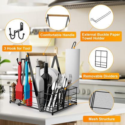 JBBTOOL Grill Caddy with 2 Paper Towel Holders, BBQ Caddy for Outdoor Grill, Picnic Condiment Utensil Caddy, Camping Essentials, RV, Tailgating, Grilling Accessories, Camping Kitchen, Gifts for Men