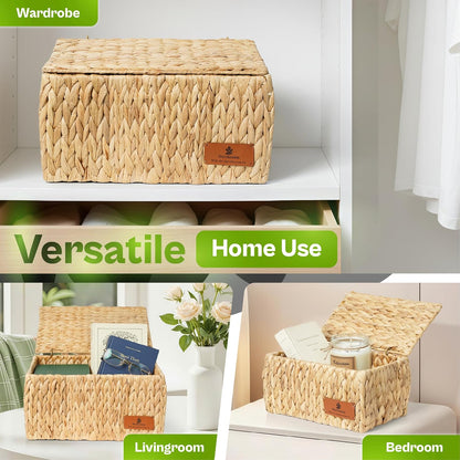 Storage Baskets for Shelves Set of 3, Open-Top Wicker Storage Bins with Handles, Shelf Organizer Baskets for Pantry, Closet & Bathroom, Water Hyacinth Baskets with Tissue Box Cover