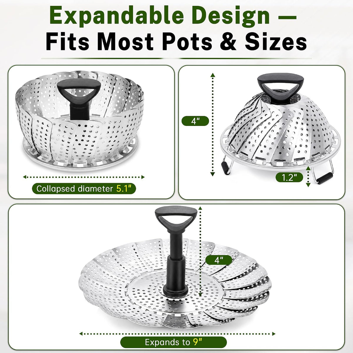 Steamer Basket for Pot, Stainless Steel Vegetable Steamer Basket for Cooking with Folding Expandable Design and Extendable Handle, Fits Various Size Pots, 5.1–9 Inch