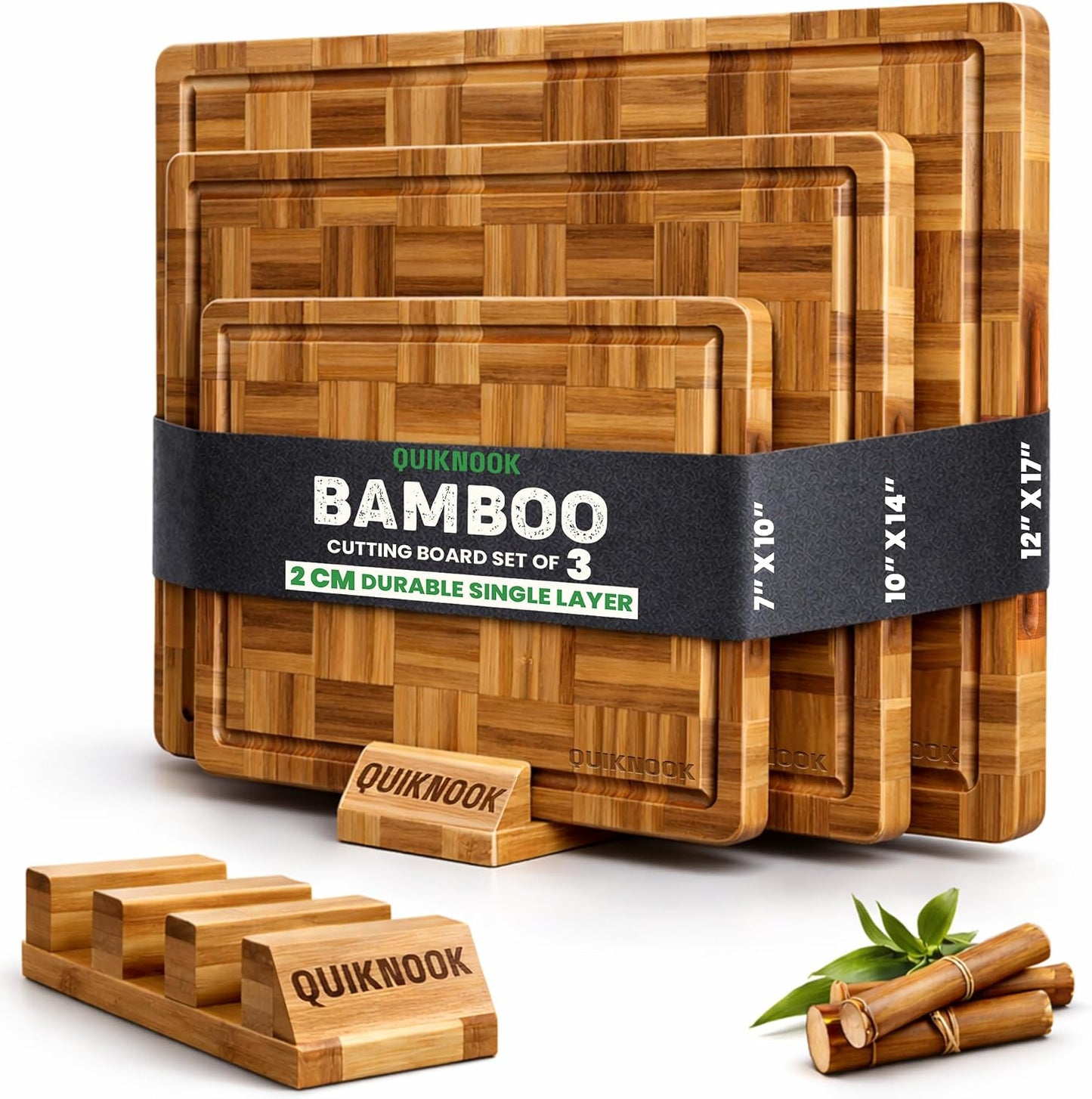 Bamboo Cutting Board Set of 3 with Holder | Non-Slip End Grain Chopping Block | Heavy-Duty Knife-Safe Bamboo Wood Cutting Boards for Kitchen Prep | Deep Juice Groove for Meat Veggies & Fruits