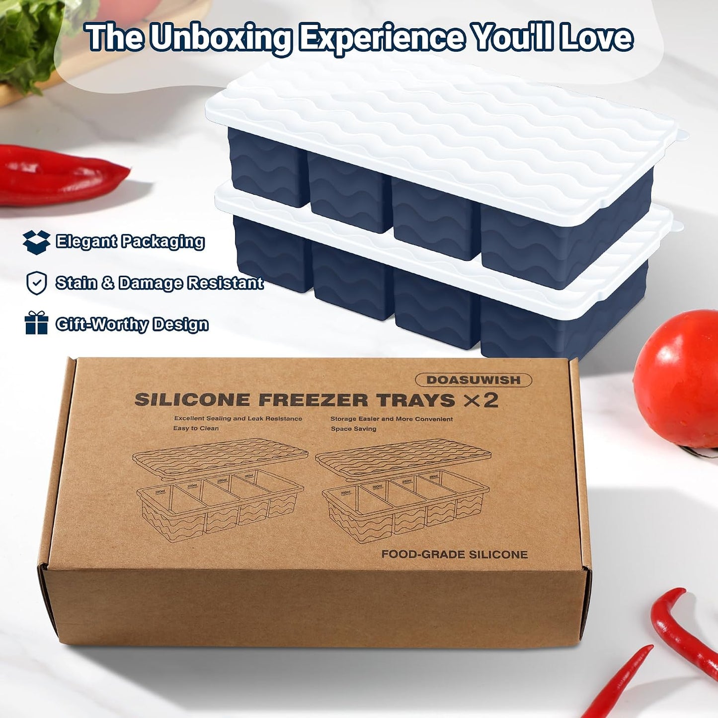 Doasuwish Silicone Freezer Molds for Soup with Lid – 1-Cup Soup Container Style Ice Cube Trays for Freezer, Meal Prep & Food Storage, Freeze 250mL/125mL Portions – 2 Pack
