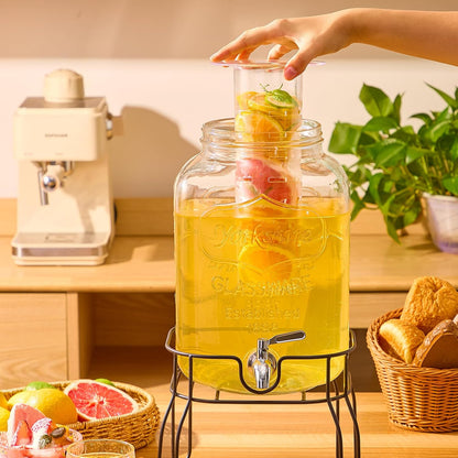 1 Gallon Glass Drink Dispensers for Parties, 2 Pack Beverage Dispenser with Stand, Fruit Infuser & Leakproof Stainless Steel Spigot, Juice Dispenser for Lemonade, Iced Tea, Sun Tea & Infused Water