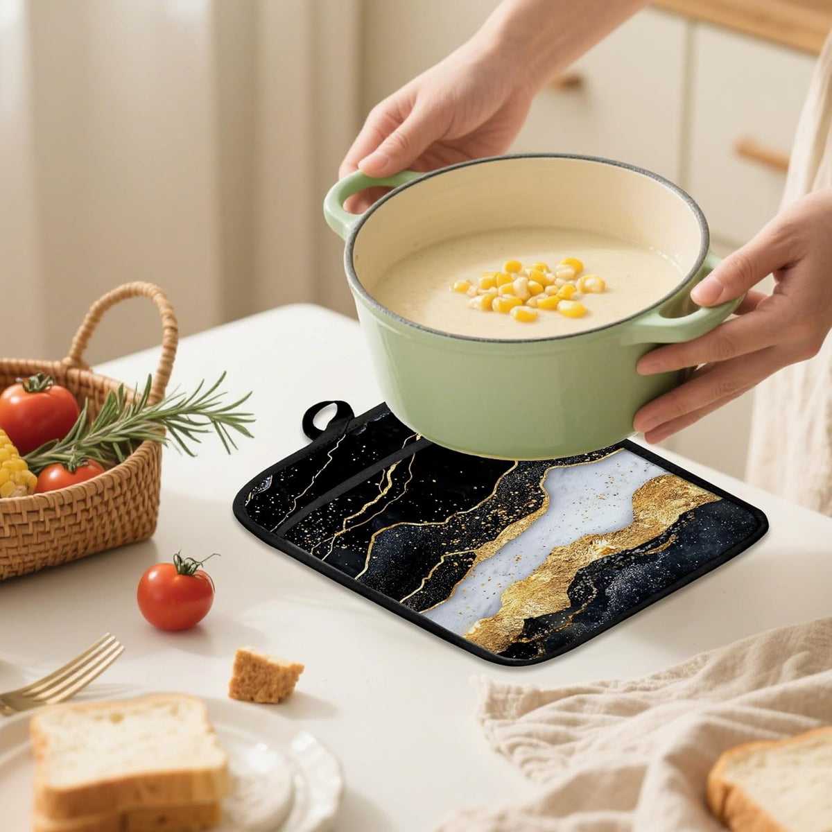 Abstract Black White and Gold Pot Holders 2 Pack Set, Black and Gold Kitchen Decor, Modern Boho Abstract Luxury Marble Heat Resistant Oven Hot Pads for Kitchen Countertop Baking