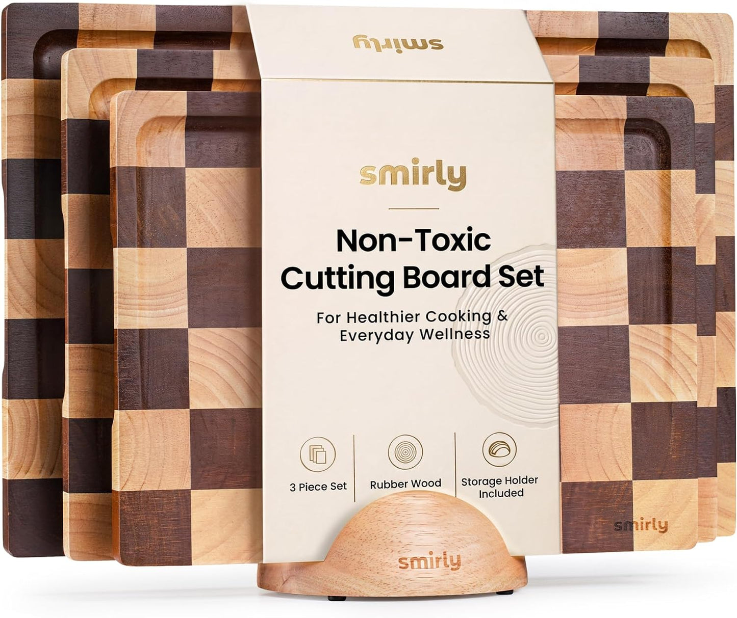 SMIRLY Walnut Cutting Board for Kitchen - Wood Cutting Boards with Handle and Juice Groove for Meal Prep, Serving, Charcuterie - Kitchen Gadgets - Non Toxic Wooden Chopping Board Set of 3 with Holder
