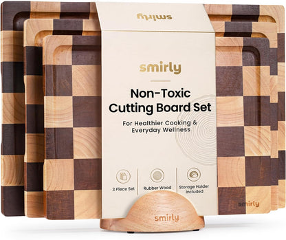 SMIRLY Walnut Cutting Board for Kitchen - Wood Cutting Boards with Handle and Juice Groove for Meal Prep, Serving, Charcuterie - Kitchen Gadgets - Non Toxic Wooden Chopping Board Set of 3 with Holder